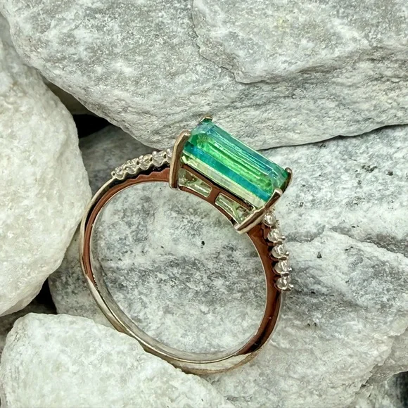 Peacock Quartz Emerald Cut Ring 1.4CTW Platinum Over 925 Sz 10 - Picture 7 of 17
